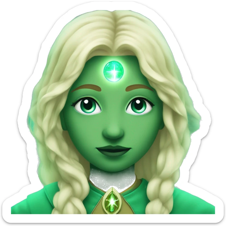 nordic pleiadian in green clothing with thin face long blonde hair and blue eyes third eye glowing sticker