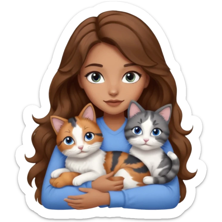 girl with long wavy brown hair, blue eyes, long lashes makeup, cuddling with 6 cute cats sticker