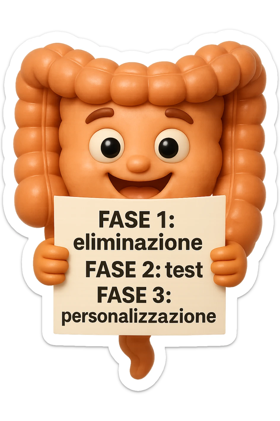 emoji stile iphone 3d di un intestino che tiene in mano un foglio con la scritta "FASE 1: eliminazione, FASE 2: test, FASE 3: personalizzazione, IPERREALISTICO 4K sticker