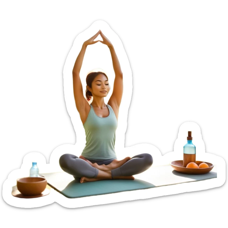 A person moves through a gentle yoga pose in the morning sun, one hand reaching up, the other near a plate of vibrant whole foods and a bottle of water. A cozy bed sits behind them, glowing softly. Nearby, a small group of friends laughs together under a tree—health, movement, nourishment, rest,  sticker