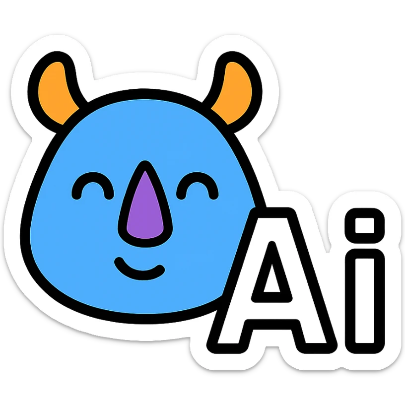 Add the letters 'Ai' in a friendly, bold style to the bottom right of the blue rhino icon, preserving the original favicon's style and colors. Keep the overall look suitable for a Slack emoji with lineal color icon style and black outlines. sticker