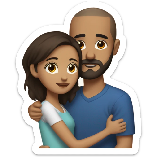 Comforting hug from brunette Puerto Rican with dark brown eyes to short, bald man with brown eyes and a beard sticker