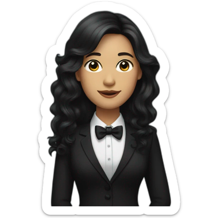 Woman with a long dark hair wearing black suit with a black bow tie sticker