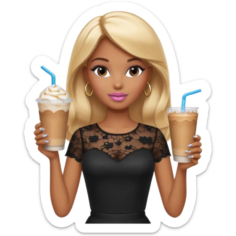 brown skin blonde barbie wearing black lace shirt with iced latte with long French tip nails sticker
