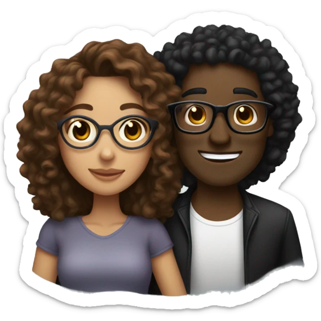 light skin woman with long brown curly hair and brown skin man with curly black hair and black circular glasses hugging sticker