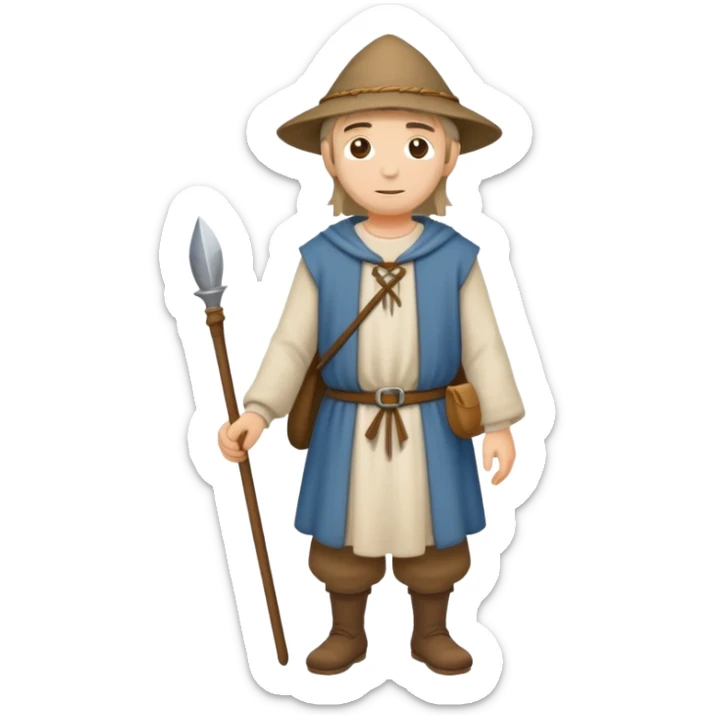 Full body of medieval peasant commoner in simple cloth clothing and hat sticker