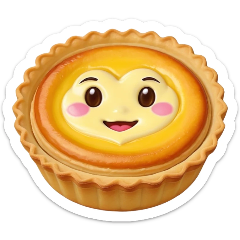 Hong Kong egg tart with flaky crust and yellow custard filling, heart eyes sticker
