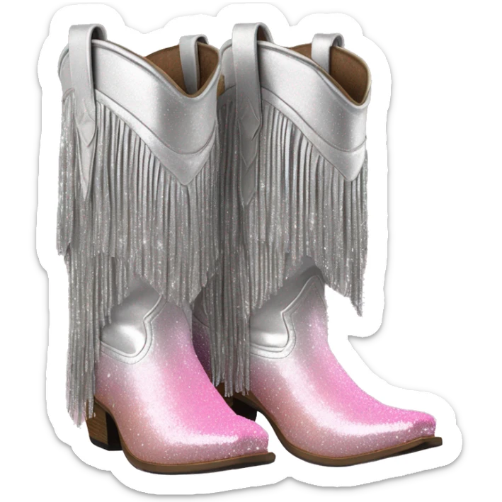 Realistic silver and pastel pink ombre pair of fashion cowgirl boots with sparkly shiny glitter fringe on them. sticker