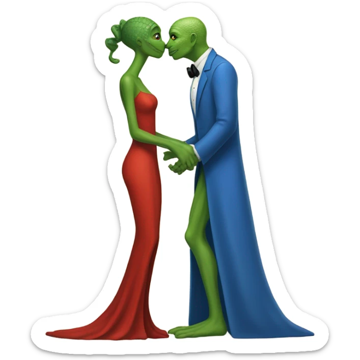 Beatiful tall green skin female reptilian in red dress, kissing white man in blue dress, full figure, full body sticker
