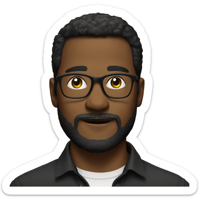 A man with glasses, short dark hair, and a beard wearing a black button-up shirt and light colored pants, standing in front of a colorful background with text. sticker