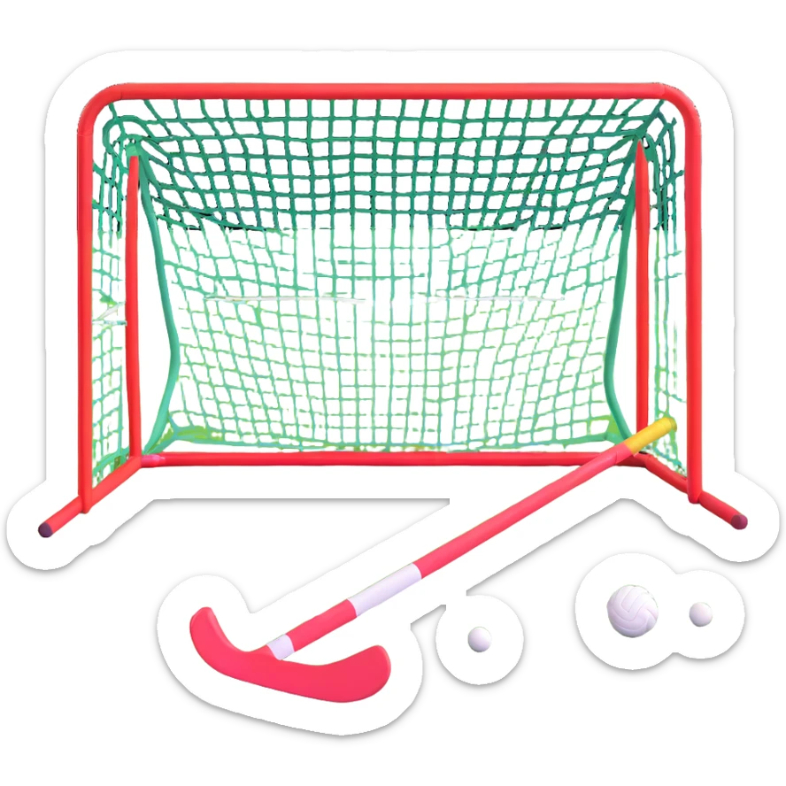field hockey equipment on lush green pitch with goal in background sticker
