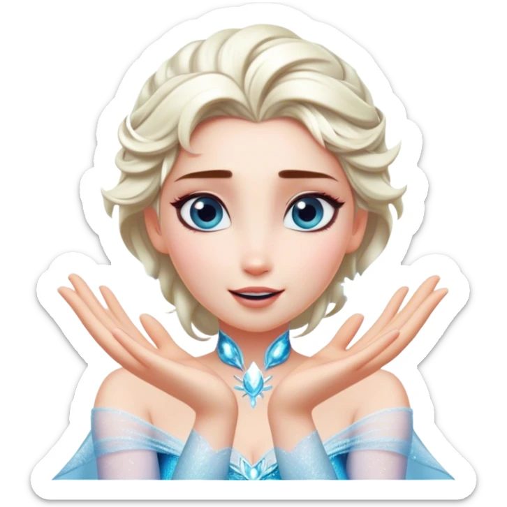 Cinematic Playful Elsa Portrait Emoji, Blowing frost from her hands in a dazzling display, eyes filled with mischief, exuding a magical charm that is both fun and enchanting! sticker