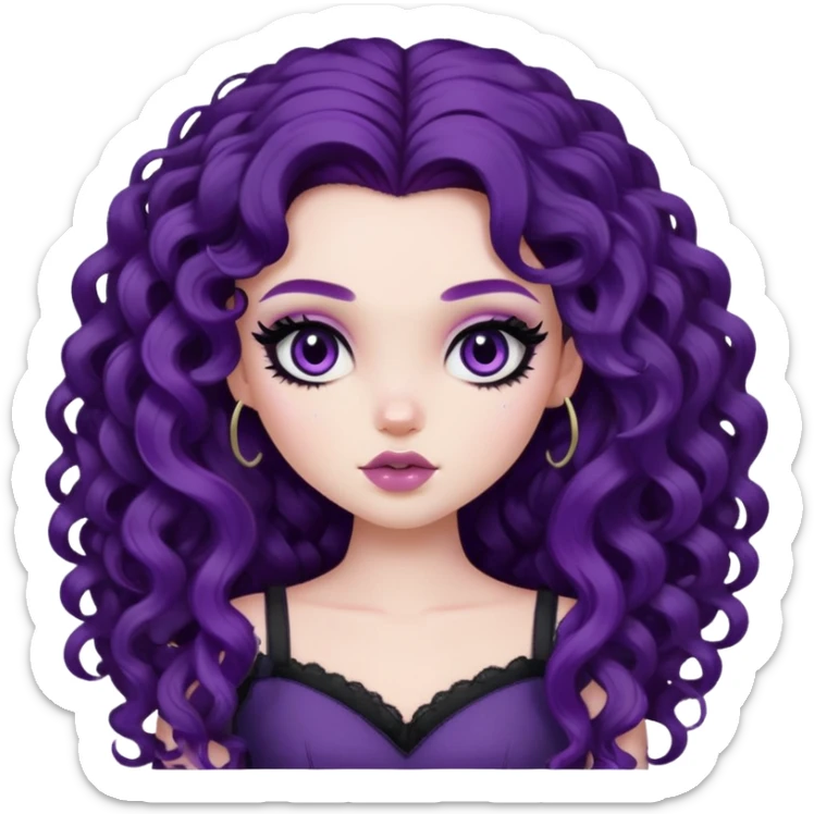 curly long dark purple hair, pale skin, pretty bratz baddie, black eyeliner, blush sticker