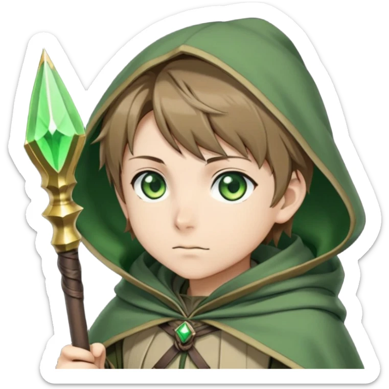 Rudeus Greyrat from Mushoku Tensei, green eyes, short light brown hair, wearing adventurer's outfit with a green cloak, holding a staff, confident and curious expression sticker