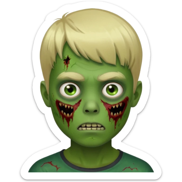 white boy short blonde hair with bangs really dark eyes zombified green skin sticker