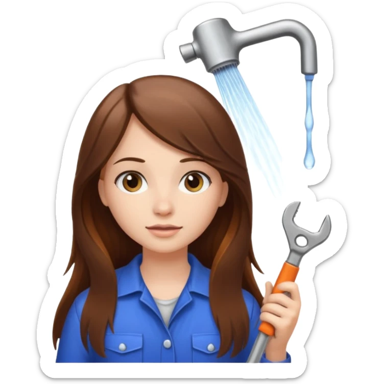 beautiful girl with long brown hair constructing new bathroom area with new shower and amenities  sticker