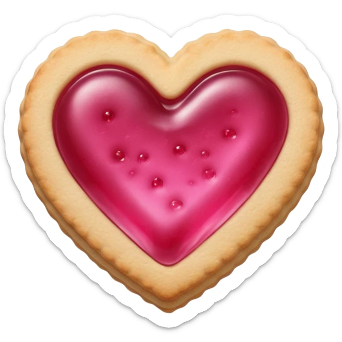 Realistic shortbread cookie in the shape of a heart with pink jelly sticker