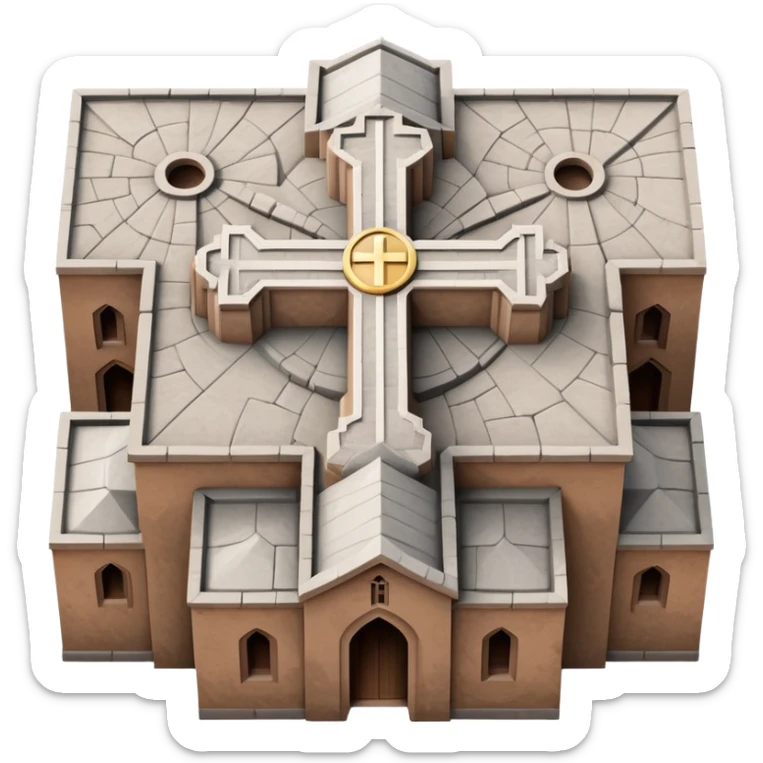 top-down emoji of the Church of Saint George, Lalibela, Ethiopia, iOS style, show cross-shaped roof, stone color, clean simple emoji features sticker