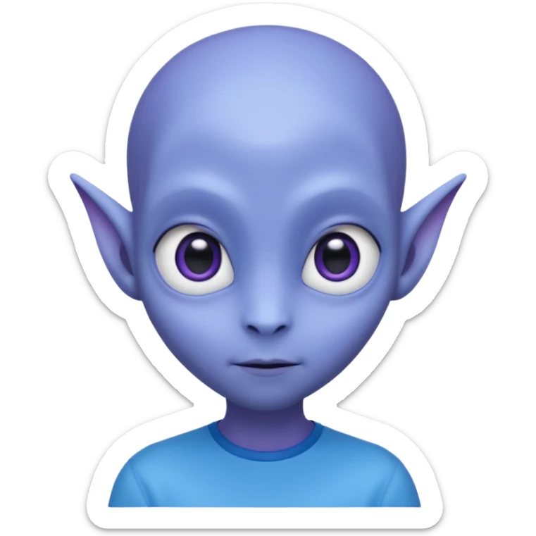 Portrait of an cute alien with smooth purple-blue skin, large black oval eyes, small nose, and visible ears, elongated head, front-facing, wearing blue t-shirt, soft glow, simple futuristic design sticker