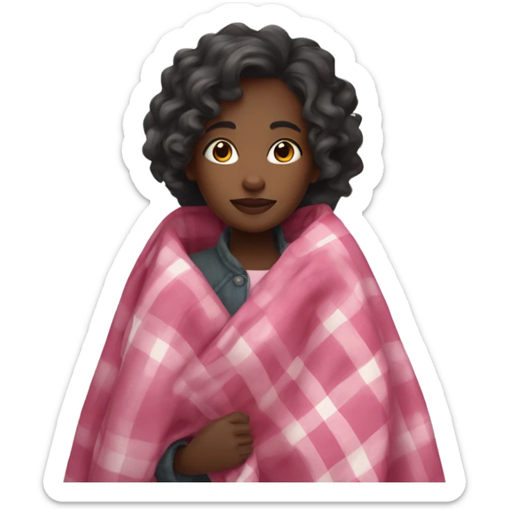 black girl with wavy long hair wrapped up in a pink plaid blanket  sticker