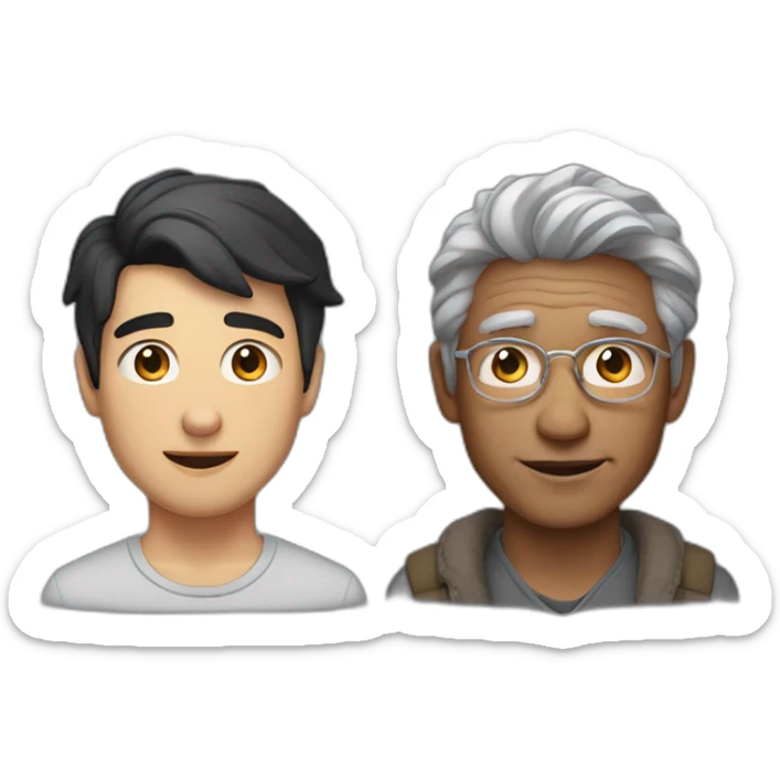 a 23 year old man with dark black hair with a older 65 year old main with grey hair sticker