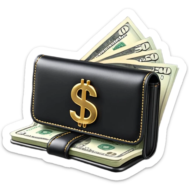 Rich emoji style black leather wallet with dollar bills, luxury money vibe, premium 3D emoji, ultra clean, high detail, no background
 sticker