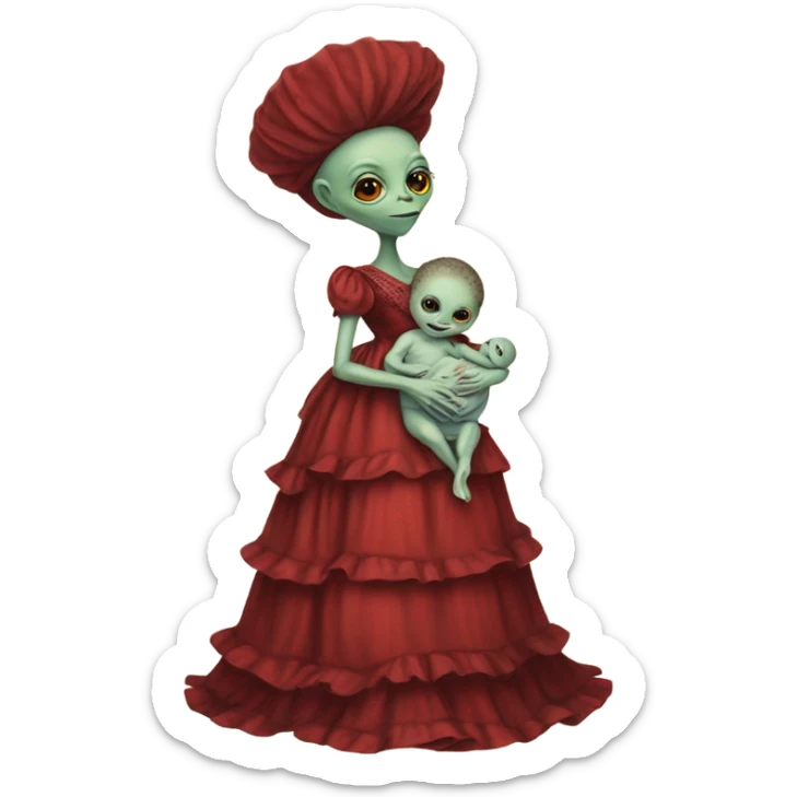  Reptilian alien woman , full body, in victorian red elegant dress , holds a newborn white humman baby sticker