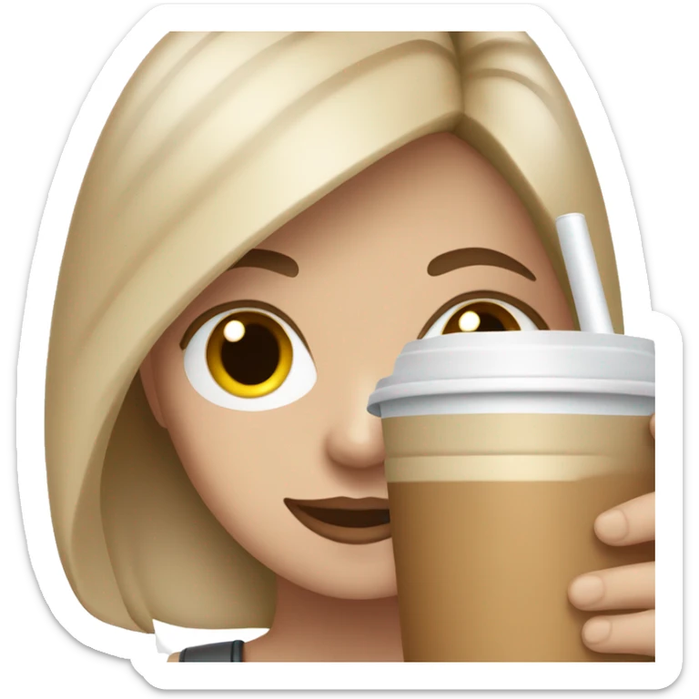 A white girl with a luggage in one hand and holdin a cup of  Iced latte sticker