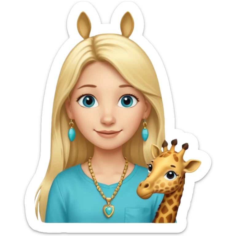 Swedish girl blonde long straigt hair blue eyes turqoise shirt gold earings, girrafe necklace gold small, long lashes smiling closed mouth sticker