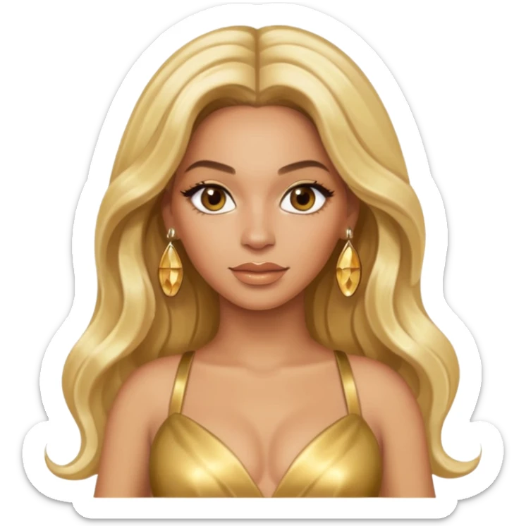 Beyonce hazel eyes, platinum blonde long hair, gold dress with earrings sticker