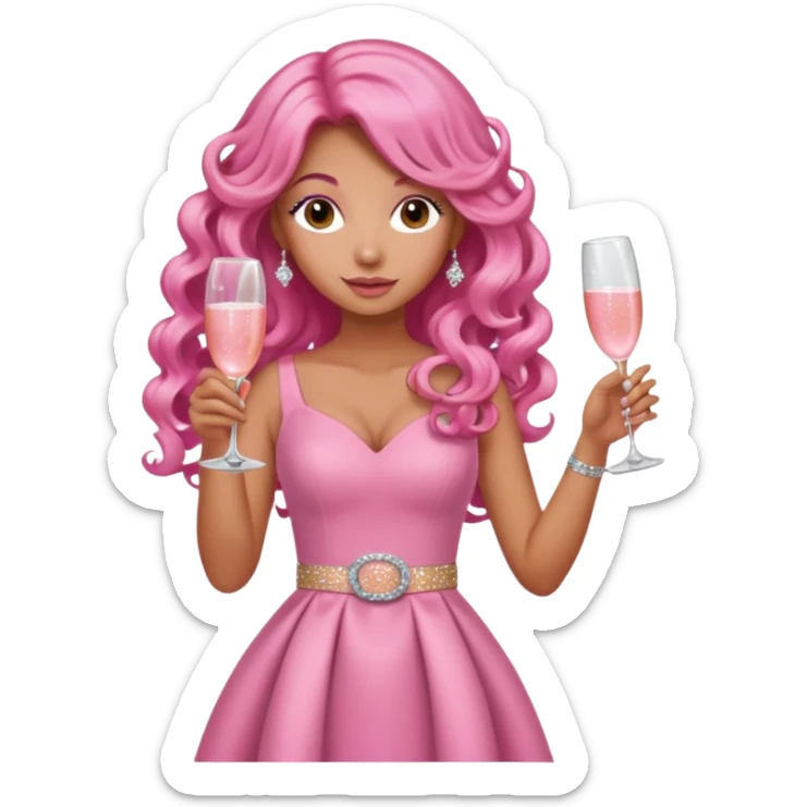 One lady with long pink curled hair and tan skin wearing a pink dress with sparkly belt holding a glass of pink champagne in each hand sticker