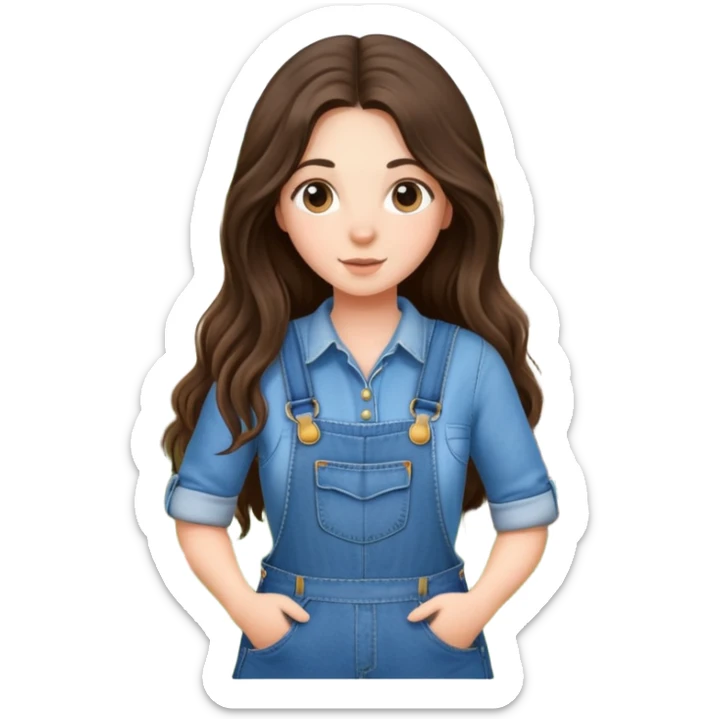 brunette long haired girl wearing overalls and farming sheep sticker