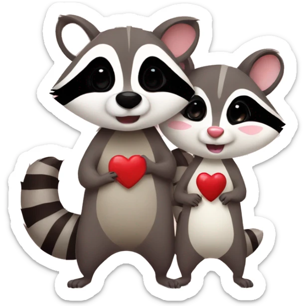 Raccoon and opossum cute animal couple love with heart sticker