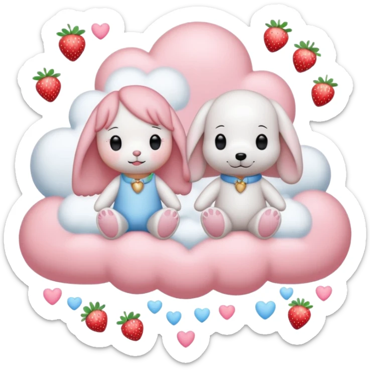  Couple DP in AI emoji style with Cinnamoroll and Snoopy. Both wear strawberry-themed accessories, sitting together on a pastel pink cloud with hearts, sparkles, and strawberries around. Cute, soft, and romantic vibe. sticker