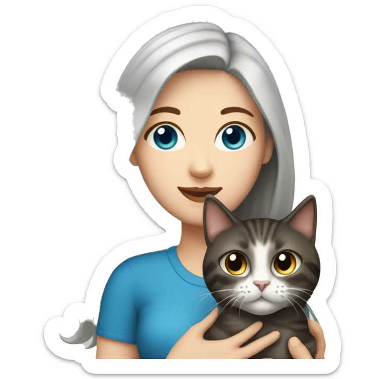 White Woman with blue eyes and long dark hair holding a tabby cat sticker
