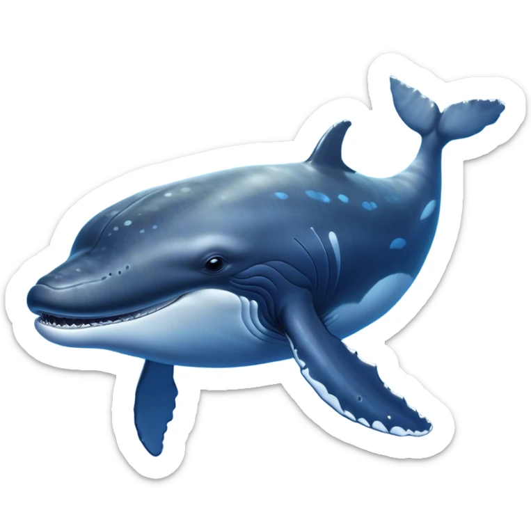 Cinematic Noble Humpback Whale Portrait Emoji, Poised and grand, with an enormous, barnacle-speckled blue-gray body, soulful, wise eyes, and a deeply serene presence, Simplified yet sharp and sophisticated features, highly detailed, glowing with a soft oceanic radiance, high shine, intelligent and powerful, stylized with an air of deep-sea mystery, focused and regal, soft glowing outline, capturing the essence of a legendary giant of the ocean that appears ready to glide majestically through the waves with effortless grace! sticker