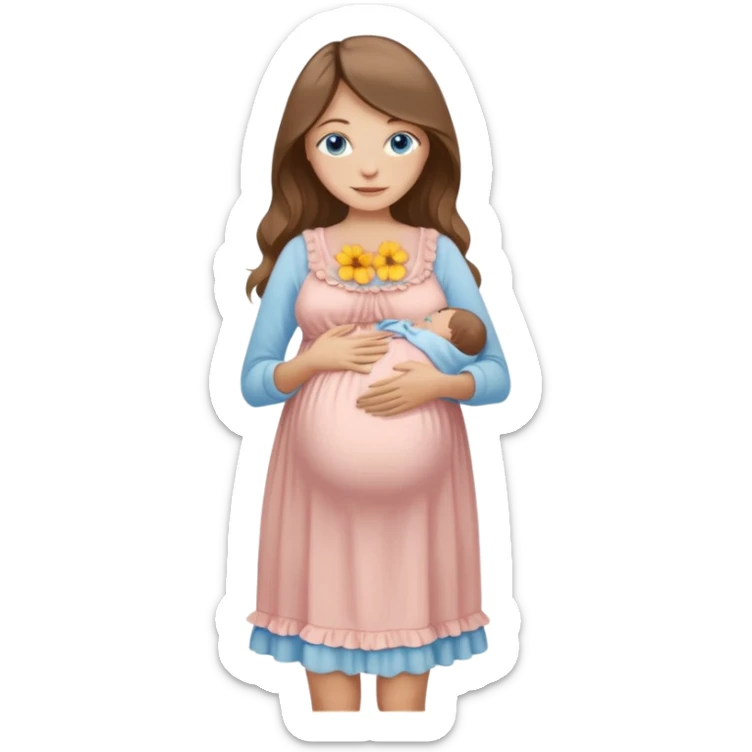 Beautiful Woman with Blue eyes, and long flowing almond brown hair and a light peachy tan skin tone, standing in a relaxed pose holding her visible baby bump,in frilly buttercream colored babydoll sundress  sticker