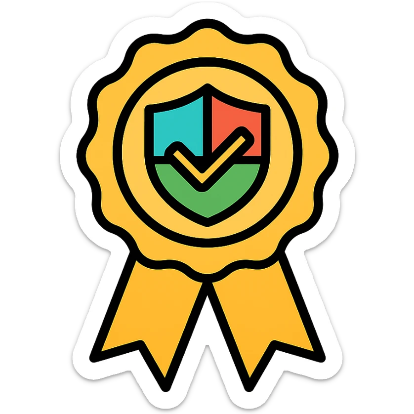 vector icon of a seal of trust with gold and colorful elements, elegant and minimalist flat design, isolated on white background, award badge style, 2D flat vector, trending icon look, soft shadows, no text, perfect for commercial use, icon style, new variation 3 sticker