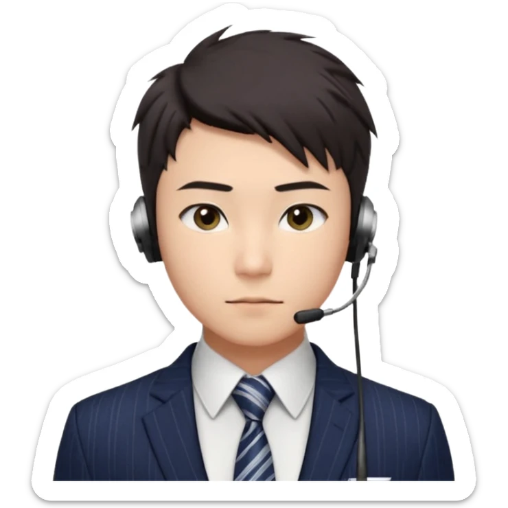 gay young Asian man with light skin, short dark hair styled upward with a sharp spiked swoop in front, slightly narrowed almond-shaped eyes with a confident, knowing squint, very squinty a clean-shaven face, and a sleek single-ear headset, wearing a dark pinstripe suit with a patterned shirt tie sticker