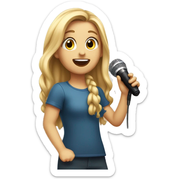 An emoji of a young girl with long blonde hair, holding a microphone and singing passionately, with a joyful expression on her face sticker