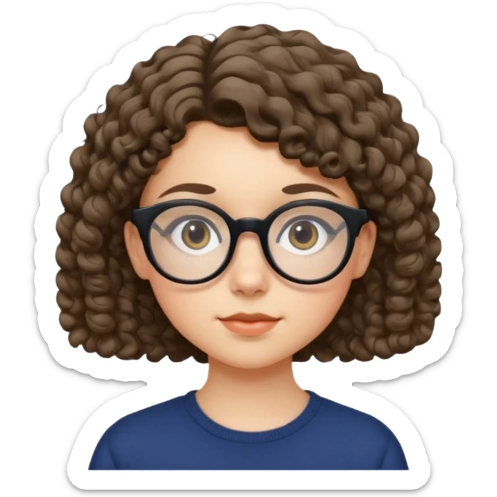 white girl, 14 years old, studious, wearing big glasses, short curly hair sticker