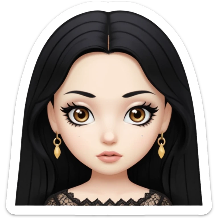 black hair, pretty, BLACK long black hair, pale skin, eyeliner, lace clothes, brown eyes bratz baddie sticker