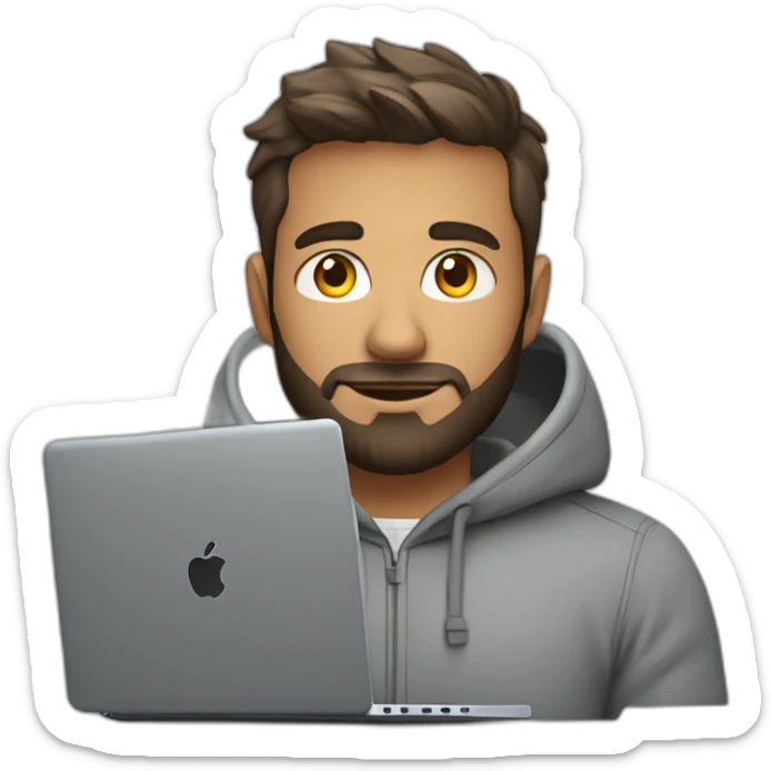 A project manager in a gray hoodie and with a short beard in front of an apple laptop sticker