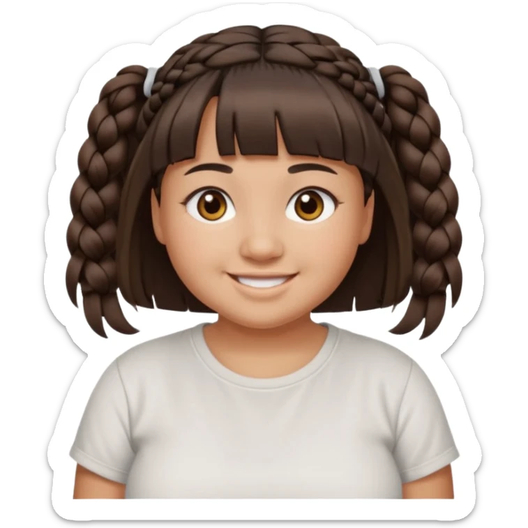 20 year old woman with tan skin, dark brown hair in low braids, blunt cut bangs, chubby face, brown eyes, smiling without teeth showing, white tee shirt sticker