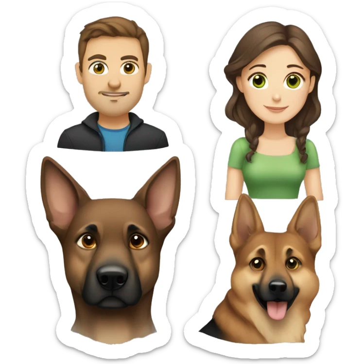 man with brown hair and blue eyes, woman with brown hair green eyes and a german shepard sticker