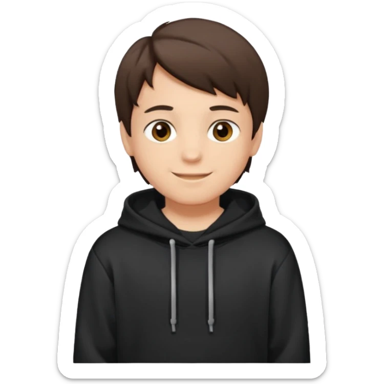 A brunette boy, short straight hair, light brown eyes, with a black sweatshirt with a hoodie, and smile  sticker