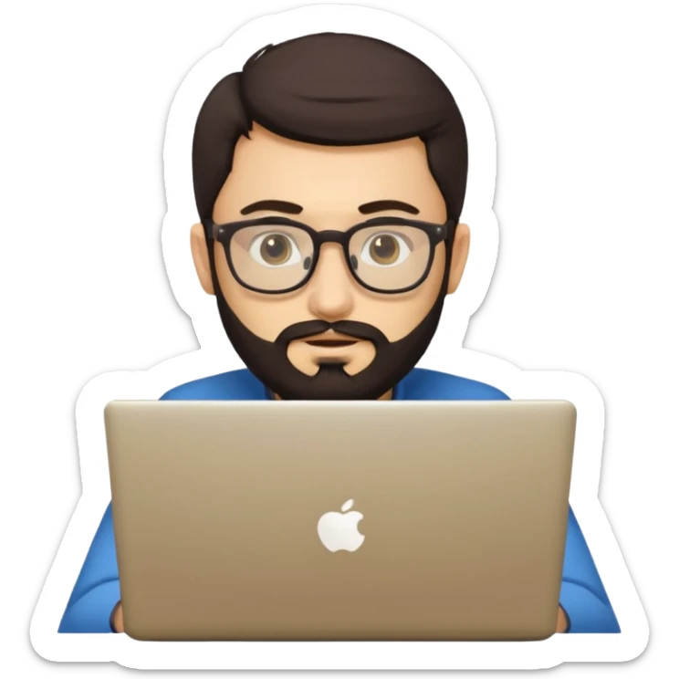 23 year old Azerbaijani man with very dark brown hair and beard with glasses and laptop , light yellow skin face, not european sticker