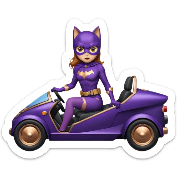 Hot full size real-appearance racing action BatGirl’s midnight purple tights sixty’s tv show 1992 stealth retro cat burglar sporty petite off-road pursuit mobile cruiser car rose gold accents (reclined and relaxed seating position and attitude) sticker