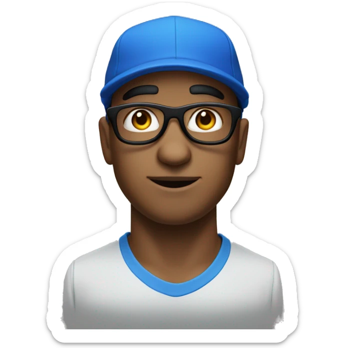 A man wearing a blue cap with 'P' on it and black glasses, white skin and big nose sticker