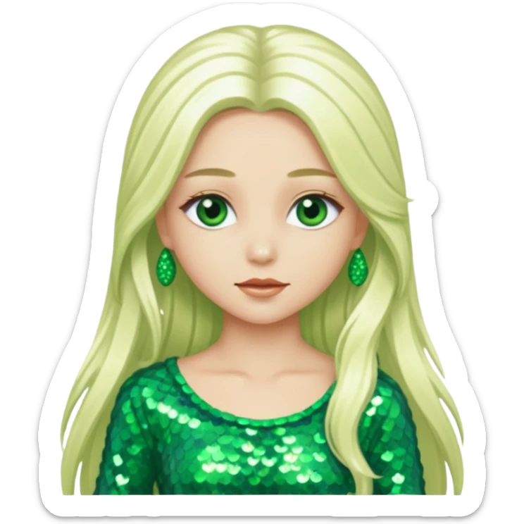 Ozma from the Wizard of Oz with long platinum blonde hair, green sequin outfit sticker